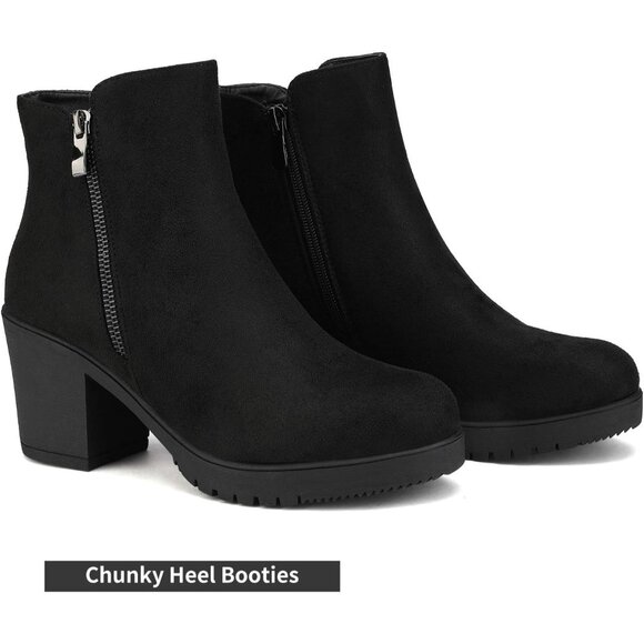 Women's Black Chunky Heel Ankle Chelsea Two Zipper Round Toe Classic Booties - Picture 2 of 7